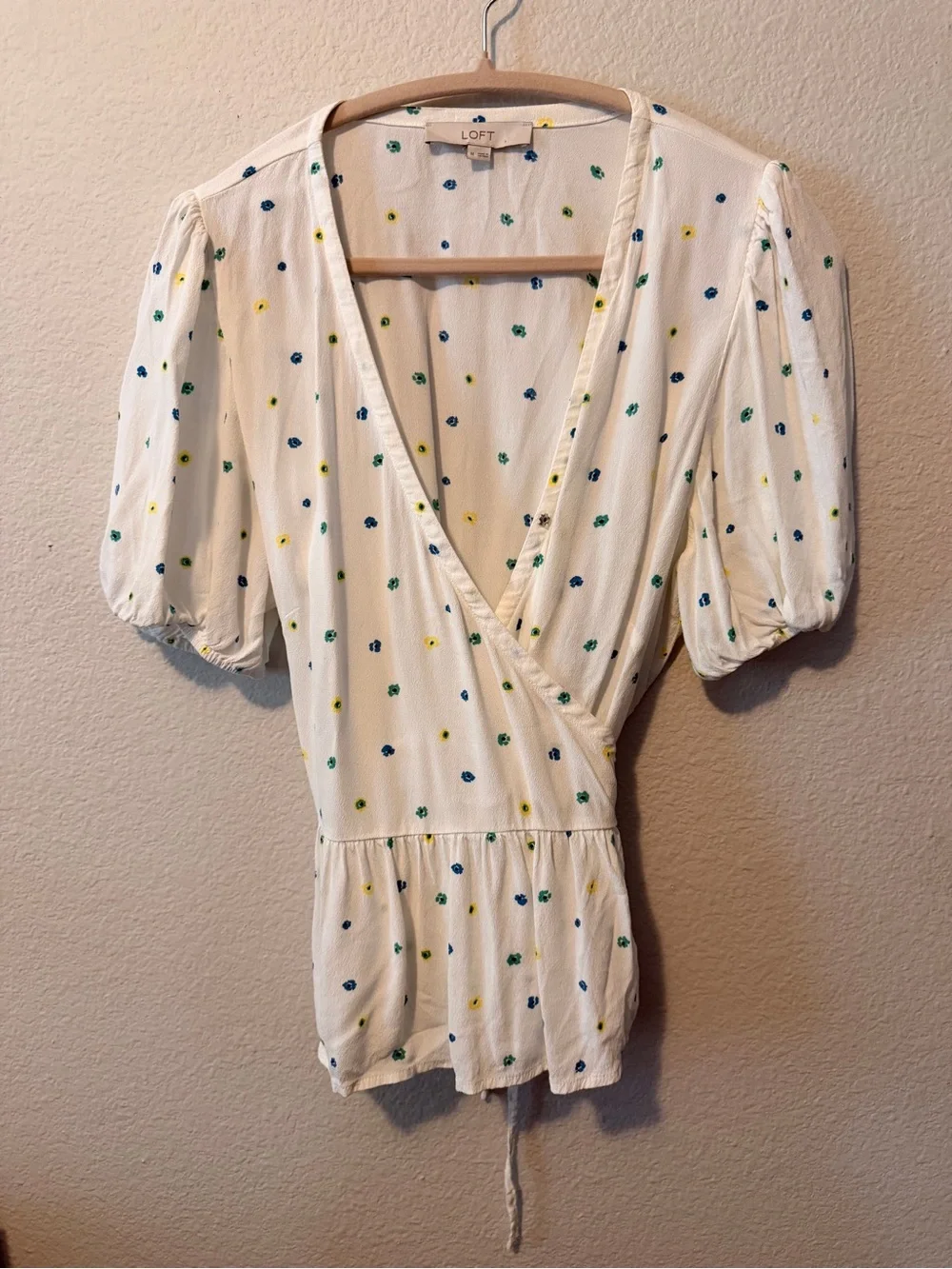 LOFT White Wrap Peplum Top with Blue, Green & Yellow Dot Print